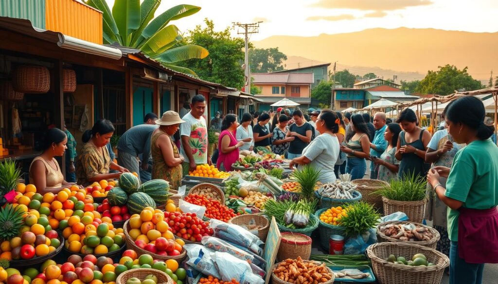 A bustling outdoor market in Davao del Norte, overflowing with vibrant local produce and artisanal wares. In the foreground, a vibrant display of tropical fruits, vegetables, and freshly caught seafood. Vendors in traditional attire stand behind their stalls, eager to share the culinary heritage of the region. In the middle ground, a group of people engage in lively conversations, sampling local delicacies and admiring the intricate weaving and basket-making demonstrations. The background is a vivid tapestry of colorful buildings, lush greenery, and the distant silhouettes of the Mindanao mountains, bathed in warm, golden sunlight. The atmosphere is one of community, celebration, and a deep appreciation for the region's rich culinary traditions.