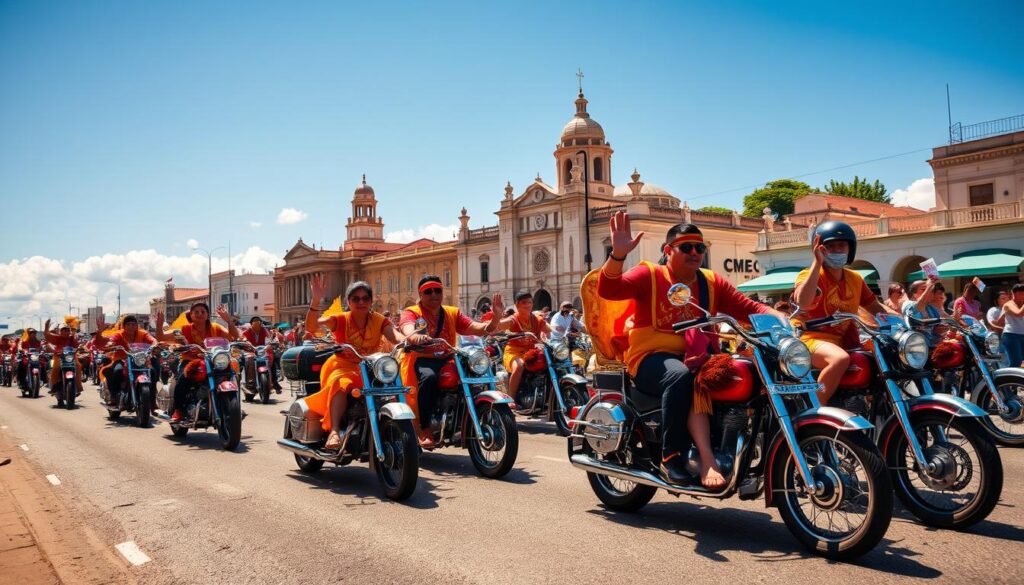 A grand parade of vintage motorbike sidecars, their gleaming chrome and vibrant colors standing out against a cloudless blue sky. The riders, decked in traditional Gawagaway Yan Festival attire, wave enthusiastically to the cheering crowds lining the streets. In the foreground, a group of sidecars navigates a perfect formation, their drivers striving to set a new Guinness World Record for the largest motorbike sidecar parade. The middle ground is filled with a sea of additional sidecars, their riders eager to be part of this historic event. In the background, the iconic architecture of Isabela's historic town center provides a majestic backdrop, adding to the celebratory atmosphere. Bright sunlight casts warm, dynamic shadows, accentuating the dynamic motion and energy of the parade.
