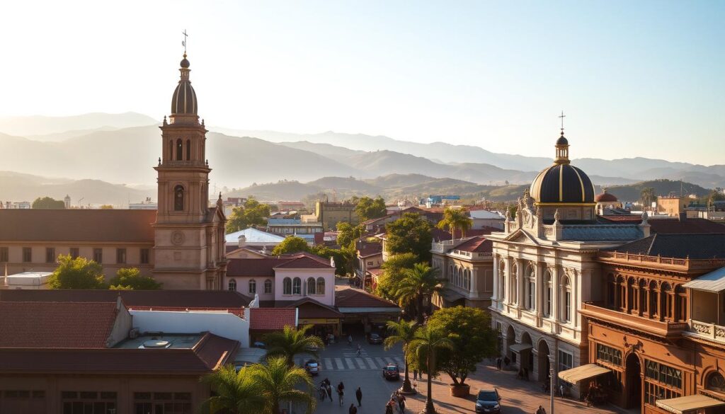 A picturesque cityscape of Santa Rosa, the historic capital of Laguna province, bathed in warm, golden afternoon light. In the foreground, iconic landmarks such as the San Juan Bautista Church and the Laguna Provincial Capitol building stand tall, their stately architecture and ornate details capturing the essence of the city's heritage. The middle ground features a bustling town square lined with quaint shops and cafes, their facades adorned with intricate woodcarvings and wrought-iron accents. In the background, lush, rolling hills and a distant mountain range provide a serene natural backdrop, creating a harmonious blend of the city's built and natural environments. The overall scene exudes a sense of timeless charm and cultural vibrancy, inviting the viewer to explore the rich history and vibrant present of Santa Rosa.