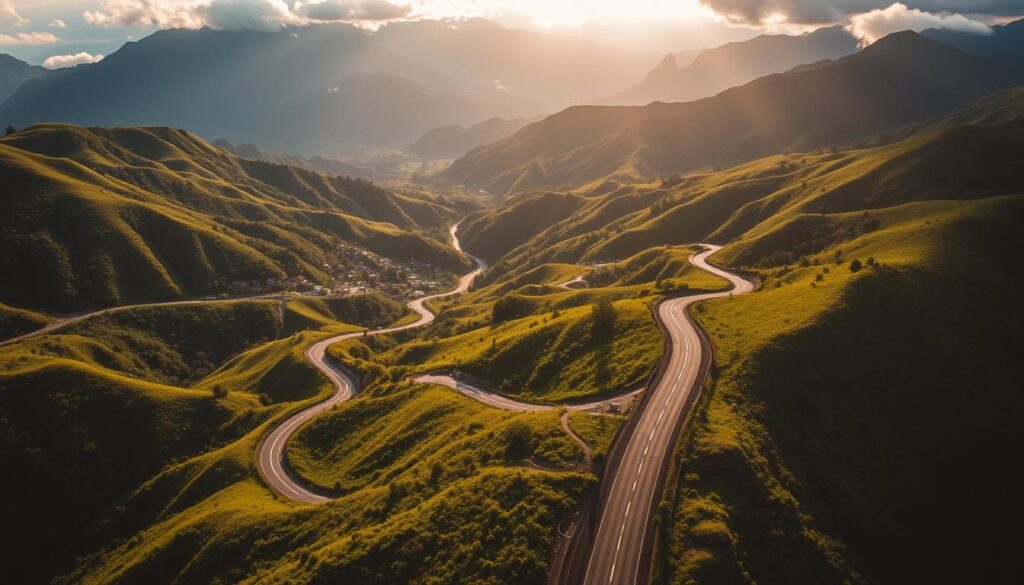 A bird's eye view of winding mountain roads snaking through lush, verdant hills, with the occasional glimpse of a quaint village nestled in the valleys below. Towering peaks rise majestically in the distance, their summits kissed by wisps of cloud. The scene is bathed in the warm, golden glow of the sun, casting long shadows and highlighting the undulating terrain. In the foreground, a well-maintained highway cuts through the landscape, guiding travelers towards their destination – the Sibug-Sibug Festival in Zamboanga Sibugay. The image conveys a sense of adventure, natural beauty, and the ease of reaching this captivating cultural event.