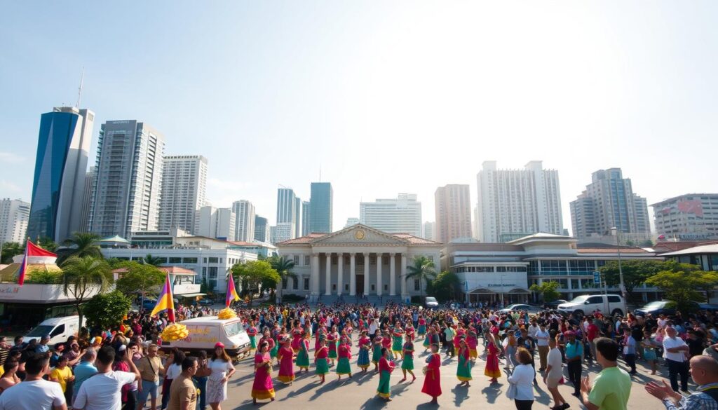A bustling cityscape of Parañaque, Philippines, comes alive in the vibrant celebration of its cityhood anniversary. In the foreground, a lively parade features colorful floats, dancers in traditional costumes, and enthusiastic crowds cheering. The middle ground captures the city's iconic landmarks, such as the Parañaque City Hall and the Baclaran Church, basking in the warm afternoon sunlight. In the background, towering skyscrapers and residential buildings create a dynamic urban skyline, complemented by a clear, blue sky. The atmosphere is one of joyous celebration, with a touch of cultural pride and community spirit. A wide-angle lens captures the grand scale of the festivities, showcasing the city's energy and vibrancy on this special occasion.