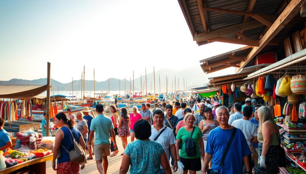 A bustling market scene in a vibrant coastal town, with vendors selling an array of local products and crafts. In the foreground, tourists peruse the stalls, interacting with the friendly locals. In the middle ground, traditional fishing boats dot the harbor, their colorful sails catching the warm, golden sunlight. The background showcases a picturesque mountainous landscape, hinting at the natural wonders that draw visitors to the region. The overall atmosphere exudes a sense of economic prosperity and cultural exchange, reflecting the positive impact of the Sibug Sibug Festival on the local tourism industry.