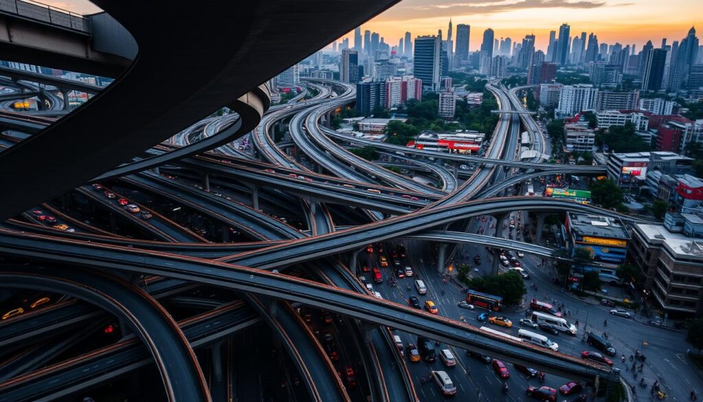 A bustling metropolis at dusk, the streets of Metro Manila sprawl out in a complex web of transportation routes. In the foreground, a tangle of elevated highways and bridges intersect, their intricate designs casting dramatic shadows. In the middle ground, a mosaic of diverse modes of transit - buses, jeepneys, tricycles, and pedestrians - navigate the congested streets, their movements captured in a blur of activity. The background fades into the city skyline, a symphony of towering skyscrapers and historic buildings bathed in the warm glow of sunset. The scene conveys the energy, vibrancy, and challenges of navigating the transportation network of this densely populated urban center.