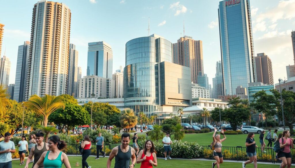 A bustling urban landscape, where vibrant green spaces and modern infrastructure coexist in harmonious recovery. In the foreground, people engage in outdoor fitness activities, their laughter and energy radiating through the scene. In the middle ground, a state-of-the-art medical facility stands tall, its glass façade reflecting the surrounding rejuvenation. The background is a tapestry of towering skyscrapers, their clean lines and energy-efficient design signaling a commitment to sustainability. Warm, diffused lighting illuminates the scene, casting a hopeful glow over the entire composition. Captured through a wide-angle lens, the image conveys a sense of optimism and progress in the face of urban challenges, embodying the spirit of "Urban Development and Health Initiatives."
