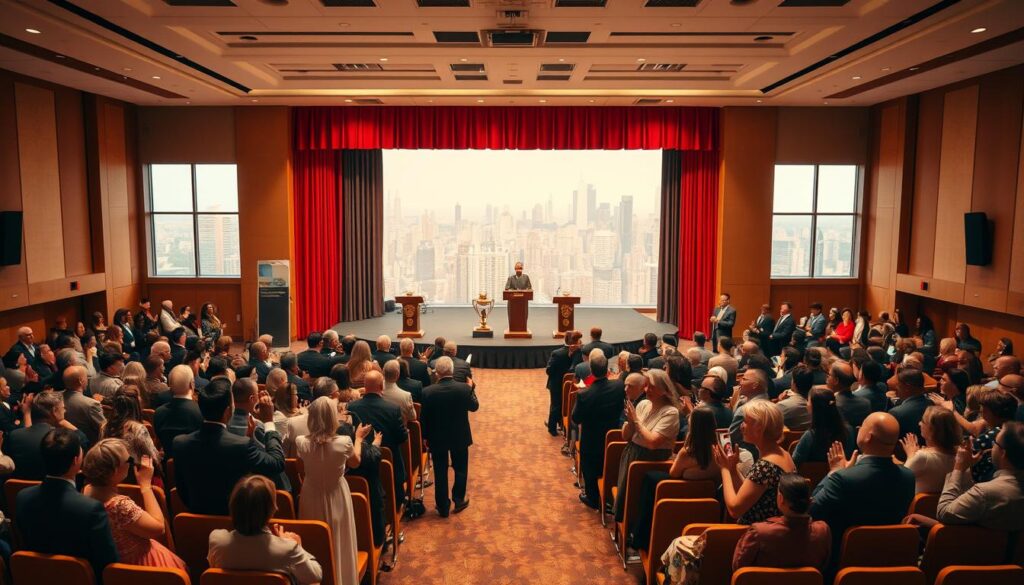 A community awards ceremony taking place in a spacious auditorium. At the center, a stage is set with ornate podiums and trophies against a backdrop of vibrant curtains. In the foreground, rows of elegantly dressed attendees applaud as winners graciously accept their accolades. Soft, warm lighting bathes the scene, creating a celebratory atmosphere. The middle ground is filled with a diverse array of community members, their faces beaming with pride. In the background, towering windows offer glimpses of a bustling city skyline, symbolizing the vibrant, thriving community. The composition strikes a balance between formality and community spirit, capturing the essence of recognizing exceptional contributions to the local area.