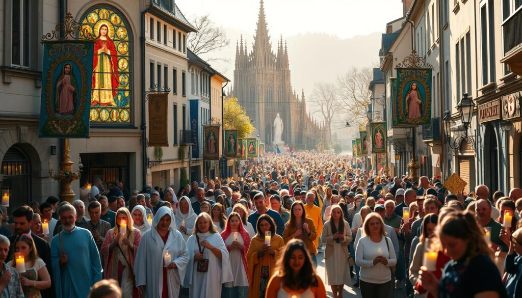 A grand procession winds through the streets, flanked by ornate religious statues and banners bearing the visage of Our Lady of Lourdes. Devotees in vibrant garments carry flickering candles, their faces aglow with reverence. Sunlight filters through stained glass windows, casting a warm, ethereal glow over the scene. In the distance, the iconic Lourdes Grotto stands as a spiritual beacon, its intricate details rendered with precision. The atmosphere is one of profound devotion, a celebration of faith and community in the heart of a bustling town.