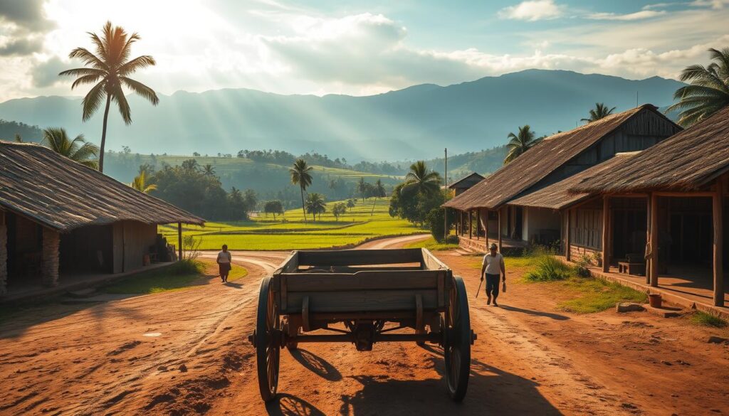 A quaint rural village nestled in the lush rolling hills of Nueva Ecija, Bibiclat exudes an inviting, picturesque charm. Thatched-roof huts line winding dirt roads, while locals in traditional garb tend to their simple daily tasks. Verdant rice paddies and coconut palms stretch out in the middle distance, framed by hazy blue mountains on the horizon. Warm, golden sunlight filters through wispy clouds, casting a soft, dreamy glow over the entire scene. An old, weathered wooden cart sits at the center, evoking a sense of timeless tranquility. The overall atmosphere is one of serene, bucolic peacefulness, perfectly capturing the essence of rural life in this picturesque corner of the Philippines.