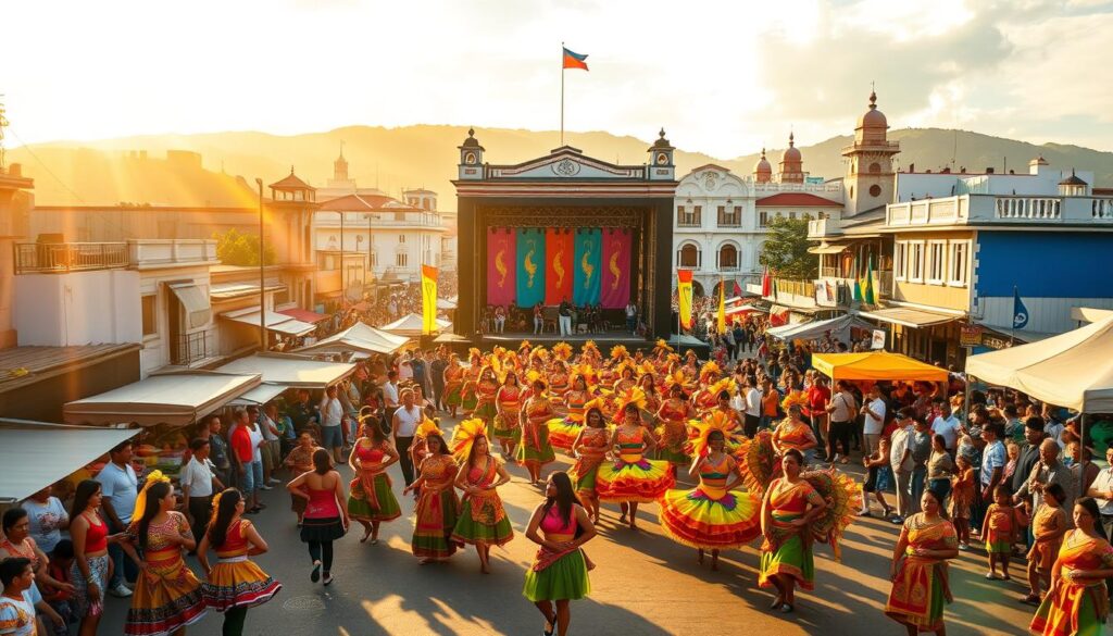 A vibrant and colorful scene of the Kanlahi Festival in Tarlac, Philippines. In the foreground, a lively parade with dancers in traditional costumes performing intricate steps to the rhythm of upbeat music. Vendors selling local delicacies and crafts line the streets, creating a bustling atmosphere. In the middle ground, a large stage stands where performers showcase their talents, captivating the crowd. The background is filled with historical buildings and landmarks, providing a stunning backdrop to the festivities. Warm, golden sunlight filters through, casting a festive glow over the entire scene. The image conveys the energy, culture, and community spirit that define the Kanlahi Festival.