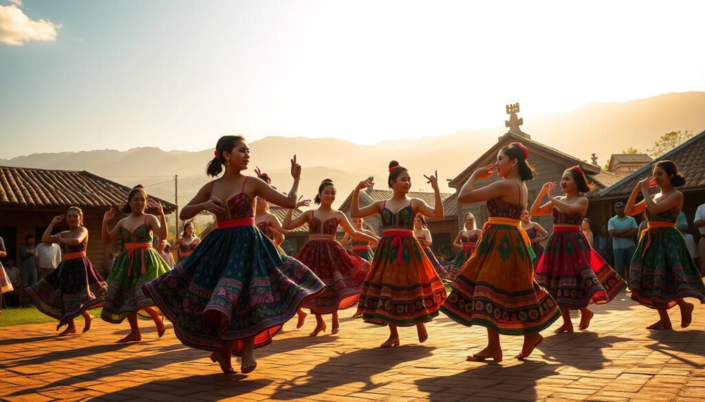 A vibrant and lively traditional dance performance in Ilocos Sur, the northern region of the Philippines. In the foreground, a group of graceful dancers in colorful, intricately patterned costumes sway and twirl to the rhythmic beat of indigenous music. Their movements are fluid and captivating, evoking the rich cultural heritage of the Ilocano people. The middle ground features a backdrop of traditional wooden structures, with thatched roofs and ornate carvings, setting the scene in a rustic, sun-dappled village. In the distance, rolling hills and mountains rise, creating a serene and picturesque landscape. The lighting is warm and golden, casting a celebratory glow over the entire scene, capturing the festive and joyous spirit of the Kannawidan Ylocos festival.