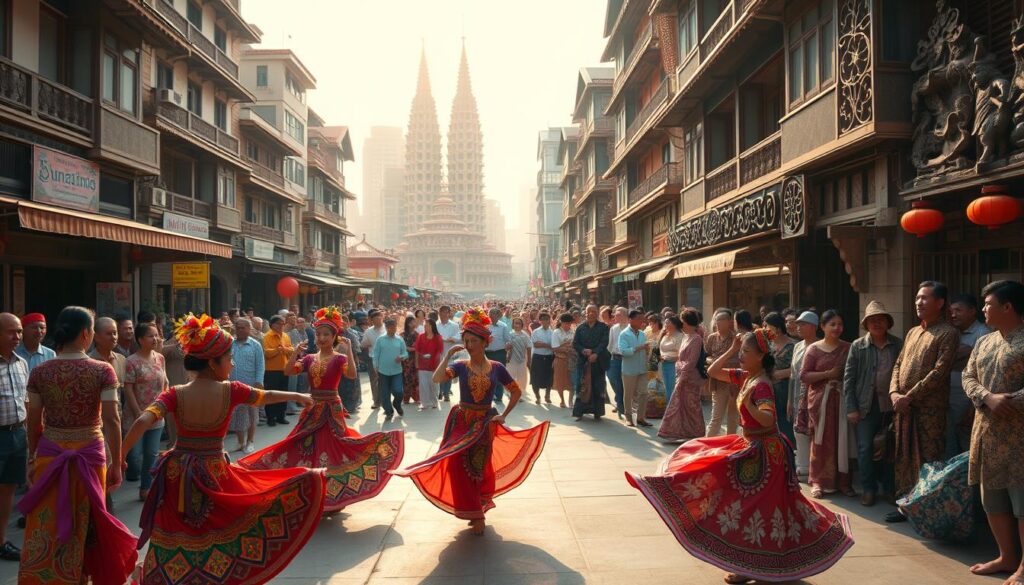 A vibrant celebration of Sunduan Festival traditions unfolds in a bustling city square. In the foreground, performers in colorful, intricate costumes dance gracefully, their movements flowing like a river. In the middle ground, artisans showcase their handcrafted wares, from vibrant textiles to intricately carved wooden sculptures. The background is a tapestry of towering buildings, their facades adorned with traditional motifs, bathed in the warm glow of the sun. The scene is alive with the energy of the crowd, their laughter and conversation creating a tapestry of sound that captures the essence of this cultural celebration. Soft, diffused lighting casts a dreamlike quality over the entire tableau, evoking a sense of timelessness and cultural heritage.