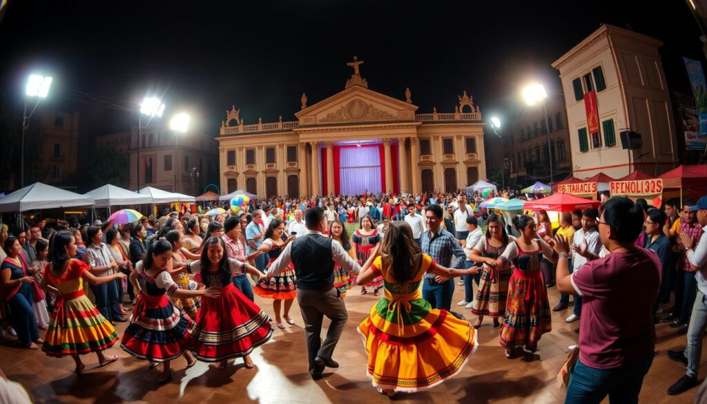 A vibrant dance competition unfolds in the heart of Santiago City, where performers move gracefully to the rhythm of traditional music. In the foreground, a group of colorfully-dressed dancers captivate the audience with their intricate footwork and passionate expressions. Surrounding them, a lively crowd gathers, their faces lit by the warm glow of stage lights. In the middle ground, a grand stage sets the scene, its detailed architecture reflecting the city's rich cultural heritage. The background is filled with the bustling energy of the festival, with stalls and decorations adding to the festive atmosphere. Captured with a wide-angle lens, the scene conveys the energy, joy, and community spirit of this cultural celebration.