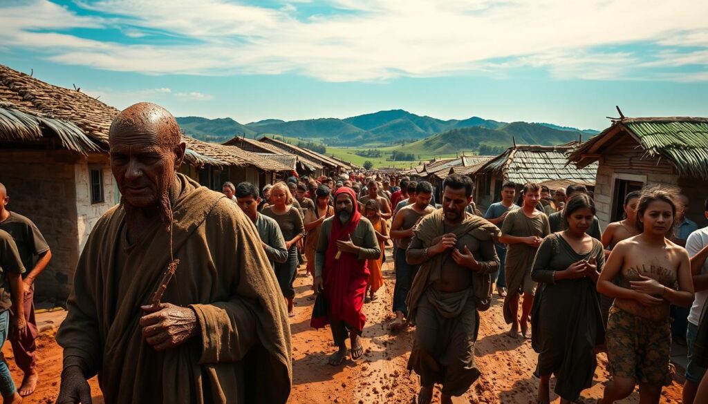 A vibrant, mud-caked procession of devotees marches through a sun-dappled village, honoring Saint John the Baptist. In the foreground, a robed figure leads the charge, caked in thick, earthy mud that clings to their weathered skin. Behind them, a throng of pilgrims in various states of mud-covered dress shuffle forward, some carrying religious icons, others lost in solemn contemplation. In the middle ground, the dirt path winds between thatched-roof homes, their inhabitants peering curiously from doorways and windows. In the distance, verdant hills rise under a vast, azure sky, creating a serene, otherworldly backdrop to this ancient ritual. Soft, diffused lighting imbues the scene with a sense of reverence and timelessness, capturing the profound spirituality of this unique cultural celebration.