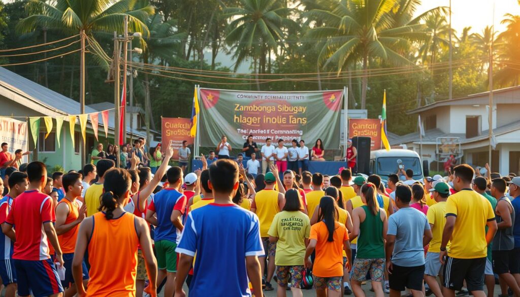 A vibrant scene of a bustling sports competition and community event in Zamboanga Sibugay, Philippines. In the foreground, athletes in vibrant uniforms compete in various sports like basketball, volleyball, and traditional Sibug Sibug games. In the middle ground, a lively crowd cheers them on, with colorful banners and flags waving. In the background, a stage is set up, with performers engaging the audience in traditional dances and music. The atmosphere is electric, with the warm tropical sun casting a golden glow over the entire scene. The camera captures the energy and camaraderie of this celebratory community event.