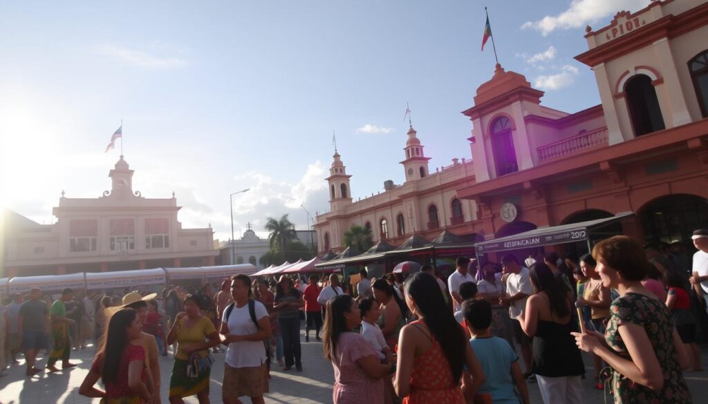 A vibrant scene of community engagement in Kidapawan City, the sun casting a warm glow over a bustling town square. In the foreground, groups of people enthusiastically participate in lively cultural performances, their colorful traditional attire swaying to the rhythm of music. In the middle ground, families and friends gather around food stalls, exchanging laughter and sharing local delicacies. The background is framed by the iconic landmarks of Kidapawan, showcasing the city's rich heritage and pride. The atmosphere is one of celebration, unity, and a deep sense of civic pride as the community comes together to commemorate the city's charter day.