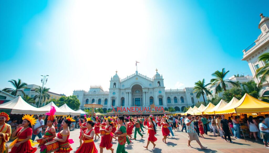 A vibrant scene of the Grand Sunduan Festival in Paranaque City, Metro Manila. In the foreground, a lively procession of colorfully dressed dancers and musicians, their movements captured in a dynamic wide-angle shot. The middle ground features stalls selling traditional wares and delicacies, with warm afternoon sunlight filtering through the bustling crowd. In the background, the iconic architectural landmarks of Paranaque City set the stage, framed by a hazy blue sky. The atmosphere is one of joyous celebration, cultural heritage, and community spirit, perfectly encapsulating the essence of the Paranaque Cityhood festivities.