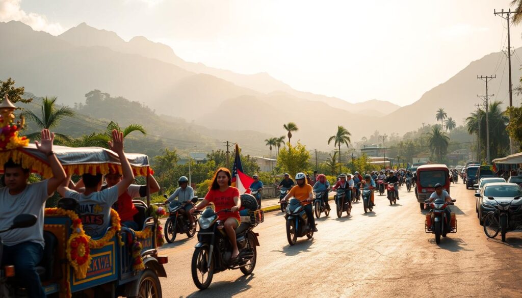 A vibrant transportation routes festival competition takes place in the heart of Kidapawan City. In the foreground, colorful parade floats and decorated vehicles compete for attention, their drivers waving enthusiastically. The middle ground showcases various transportation modes - bicycles, motorcycles, tricycles, and even a few vintage cars - as participants navigate a winding course. In the background, towering mountains and lush greenery provide a picturesque natural setting, bathed in warm, golden light. The atmosphere is one of celebration, camaraderie, and a shared passion for the diverse modes of travel that connect the local community.
