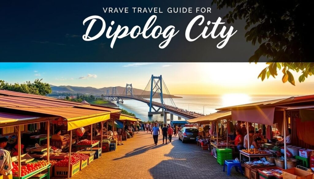 A vibrant travel guide for Dipolog City, showcasing its picturesque seaside charm. In the foreground, a bustling open-air market with colorful stalls selling local produce and handicrafts. In the middle ground, the iconic Dipolog River Bridge, its distinctive arches framing the city's skyline. In the background, rolling hills and the shimmering Sulu Sea, bathed in warm, golden-hour light. The scene exudes a lively, welcoming atmosphere, inviting the viewer to explore Dipolog's rich culture and natural beauty.