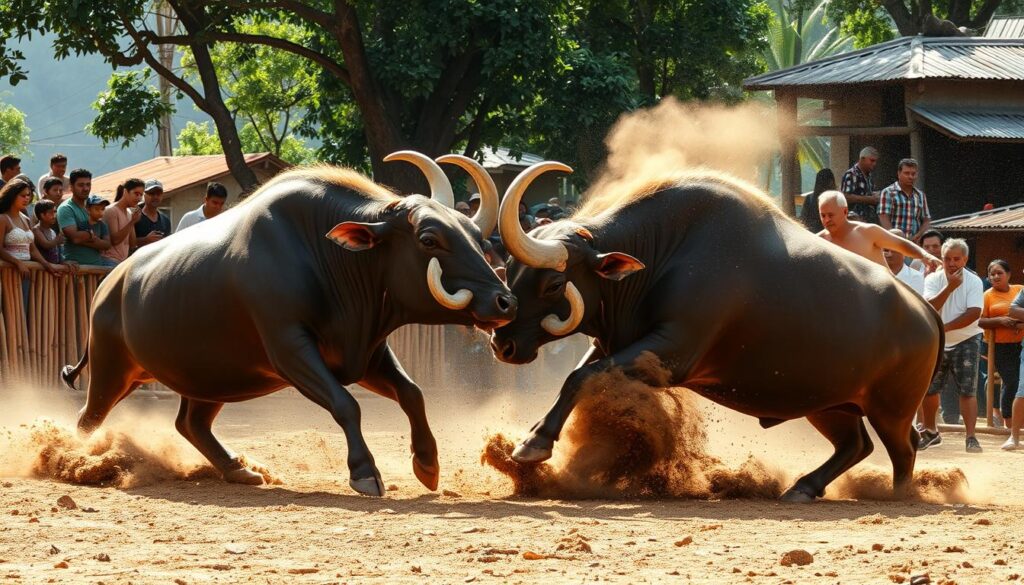 Two carabaos, their sturdy frames locked in a fierce battle, kicking up clouds of dust in a rustic arena surrounded by a lively crowd. Sunlight filters through the trees, casting a warm glow on the scene as the animals clash, their horns clashing with a resounding crack. In the foreground, spectators lean forward, their expressions a mix of excitement and anticipation, capturing the deep-rooted cultural significance of this traditional contest. The middle ground reveals the intricate wooden fencing enclosing the arena, while the background is dotted with the silhouettes of nearby dwellings, reflecting the community's active involvement in this longstanding festival.