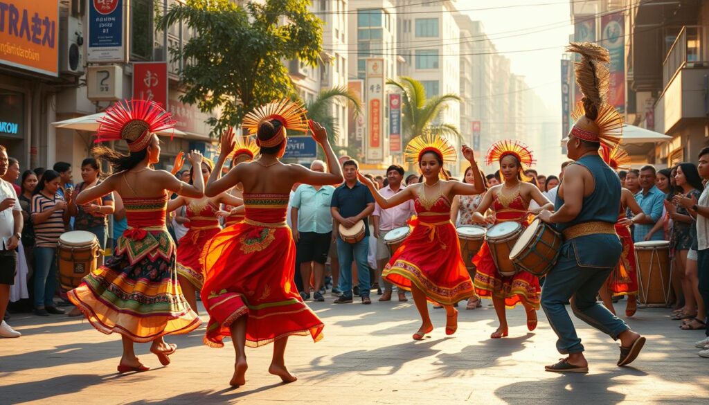 Vibrant street performers engage in a lively cultural dance, their bodies moving with rhythmic fluidity against a backdrop of bustling urban life. Colorful traditional costumes and headdresses sway to the beat of pulsing drums and chanting voices, creating an immersive sensory experience. The scene is bathed in warm, golden light, casting a celebratory glow and highlighting the intricate details of the dancers' movements. In the middle ground, spectators gather, captivated by the mesmerizing display. The overall atmosphere exudes a palpable sense of community, heritage, and joyous exuberance.