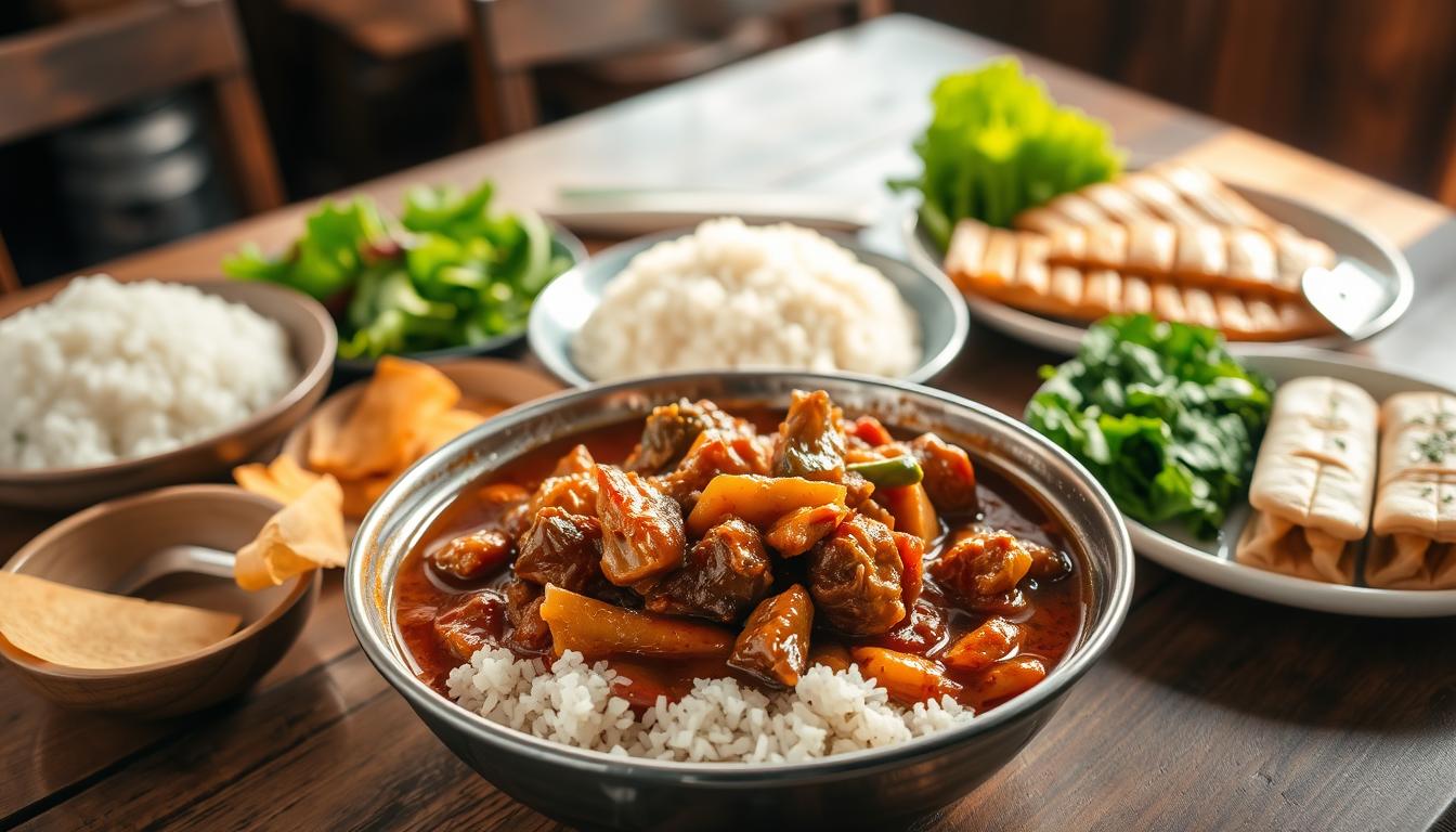 A Filipino fiesta table: kaldereta with steamed rice, lumpia, and greens
