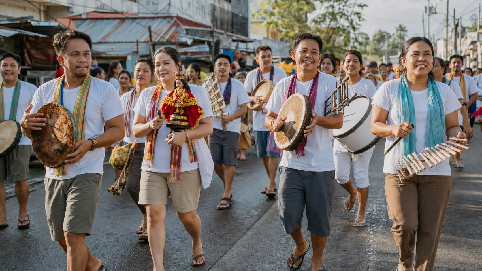 Ati-Atihan musicians and devotees performing sadsad in Kalibo, Aklan