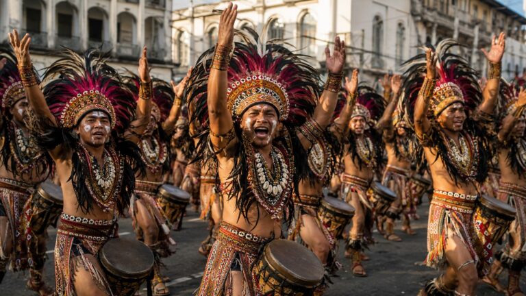 Dinagyang Festival dancers performing with drums in Iloilo City