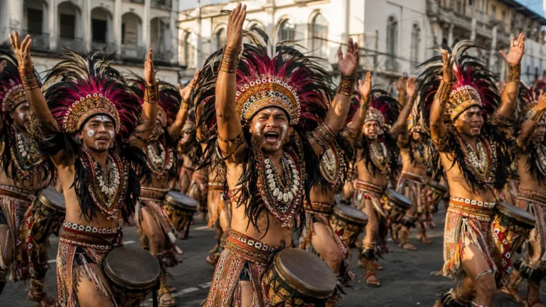 Dinagyang Festival dancers performing with drums in Iloilo City