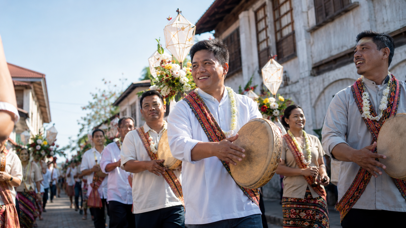 Filipino community musicians in a town festival procession
