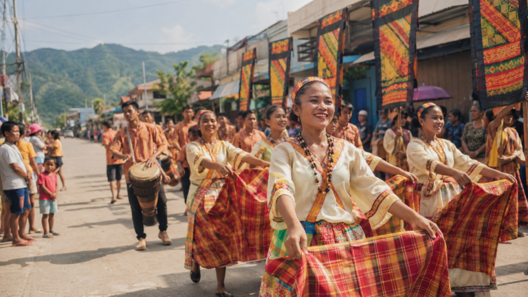 Filipino dancers and drummers in a community festival procession