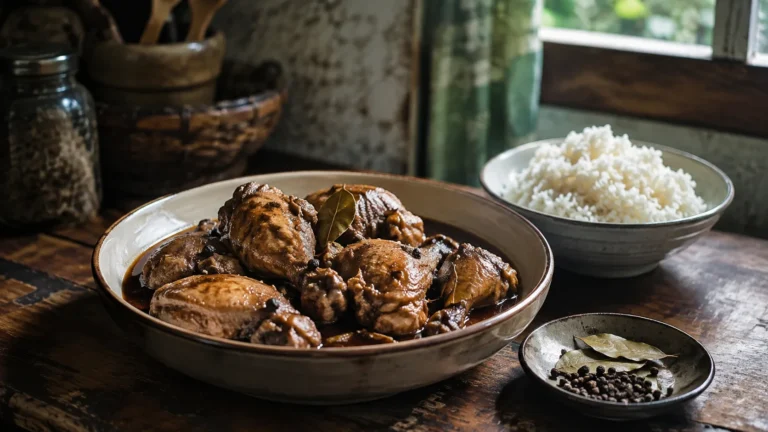 Traditional Filipino chicken adobo served with rice