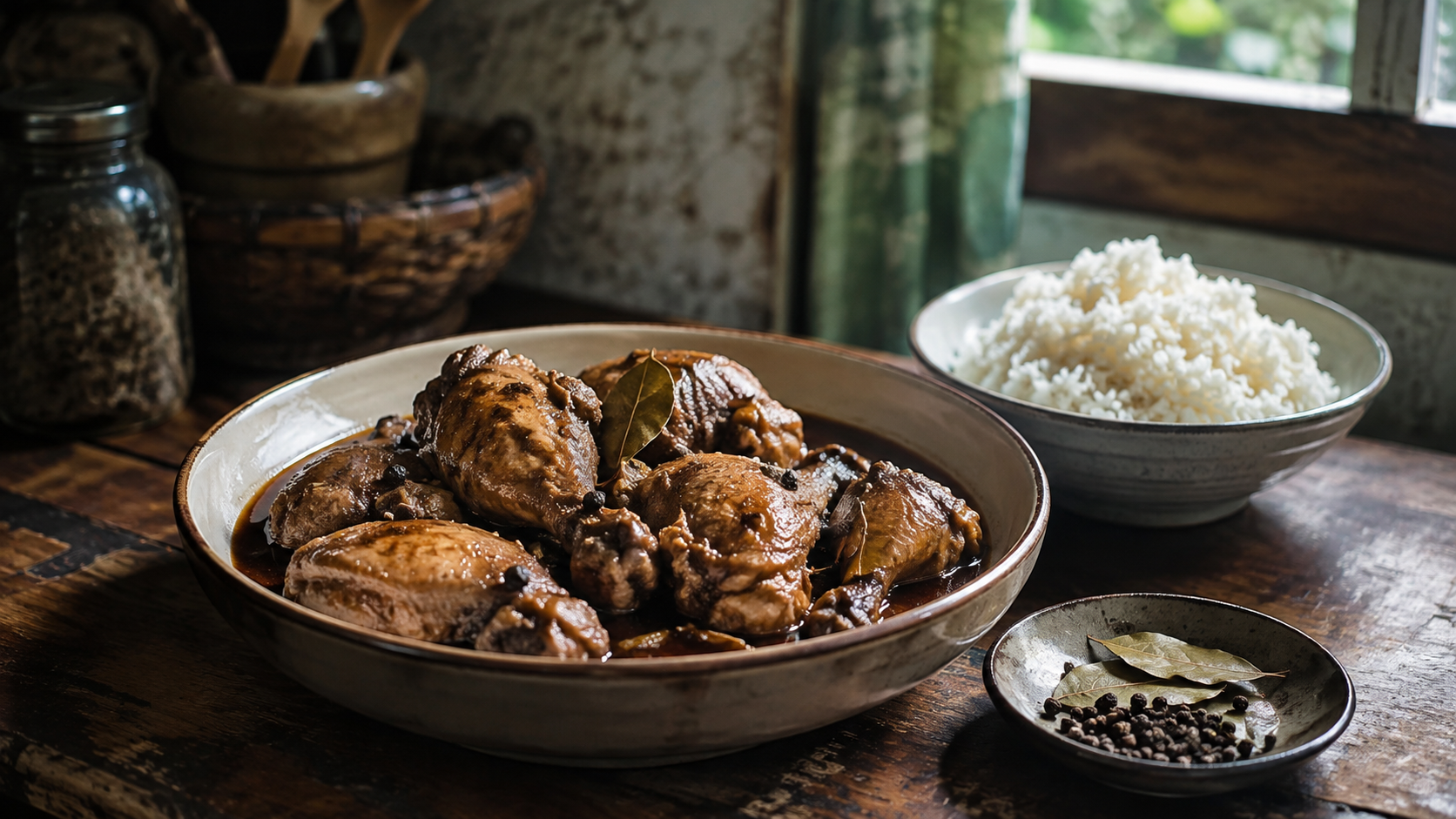 Traditional Filipino chicken adobo served with rice