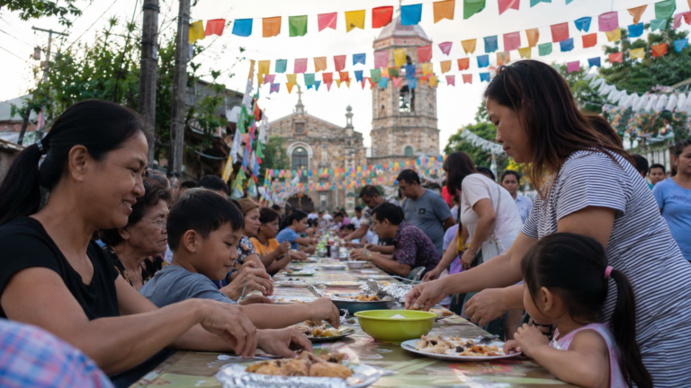 Families sharing food at a Philippine town fiesta