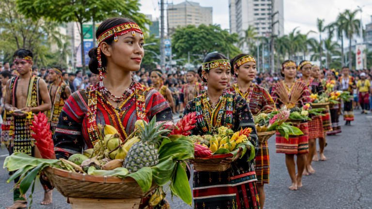 Kadayawan Festival performers with fruit and flowers in Davao City