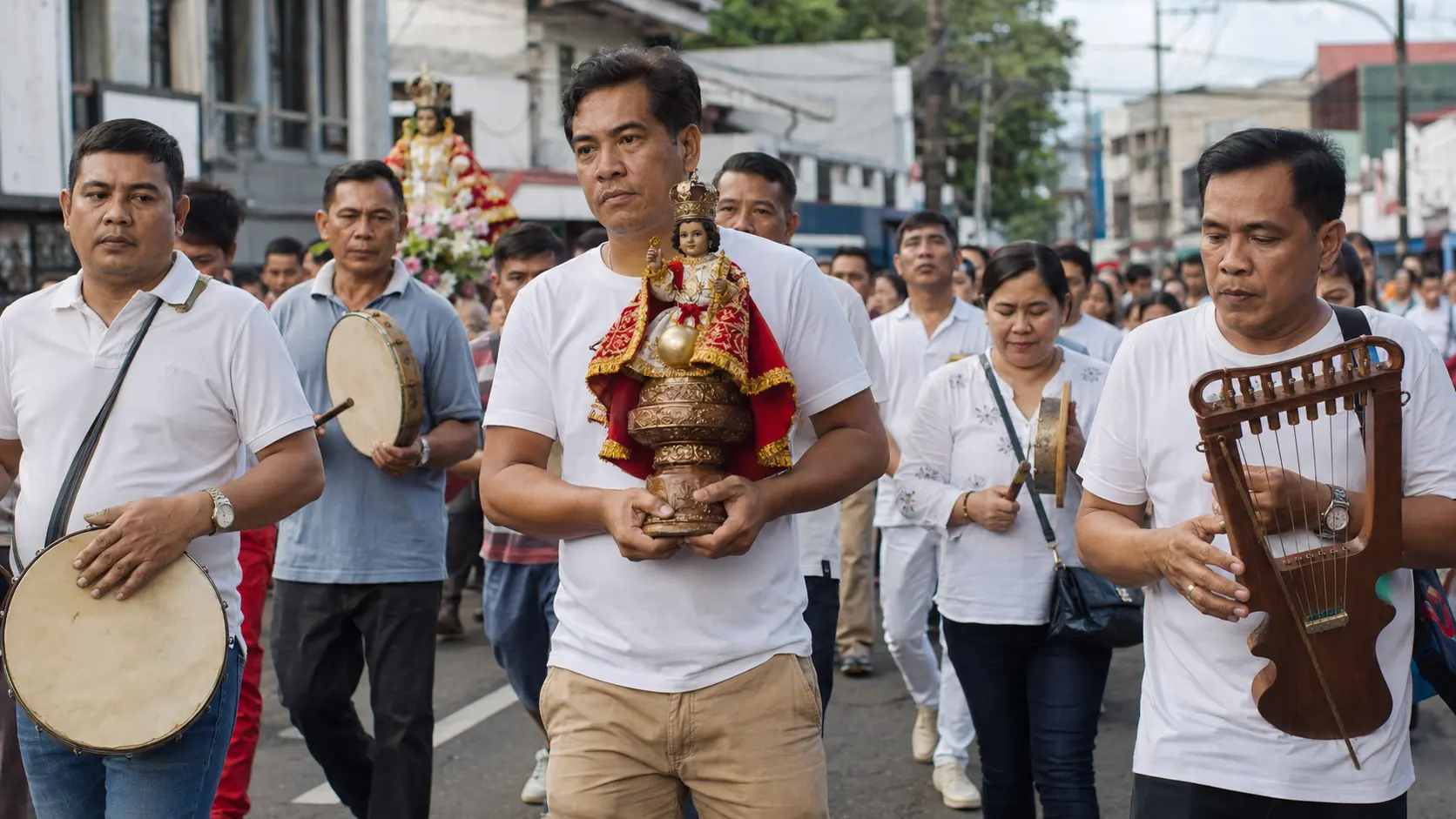 Santo Niño devotees and musicians in a January procession in the Philippines