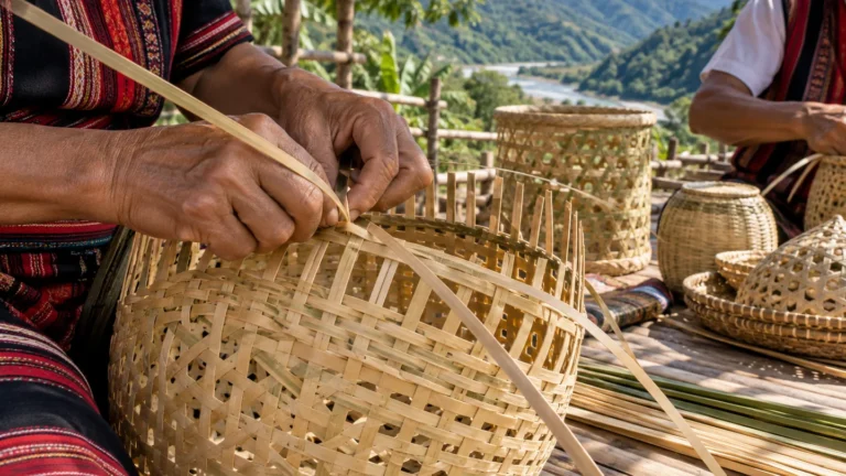 Illustrative close-up of hands weaving a bamboo basket in a mountain setting
