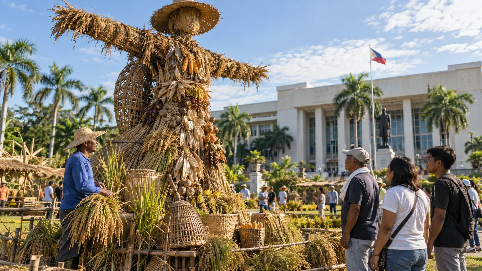 Giant Bambanti Festival scarecrow made from rice straw, corn husks and bamboo at the Isabela Provincial Capitol grounds