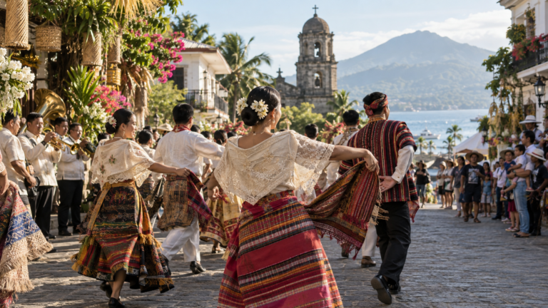 Filipino cultural festival dancers and musicians on a heritage street