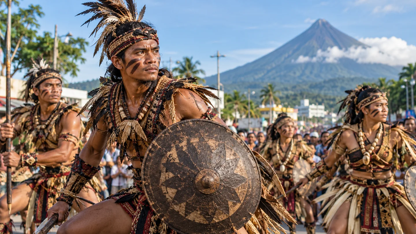 Illustrative photograph of folklore-inspired street performers with Mayon Volcano in the distance