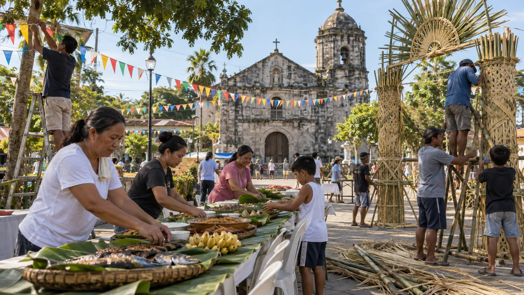 Filipino community members preparing food, banderitas and a bamboo arch for a town fiesta