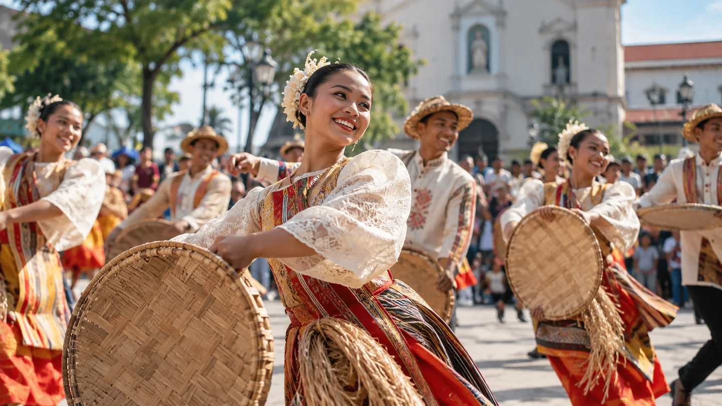 Illustrative photograph of a community street dance with woven props in a Philippine plaza