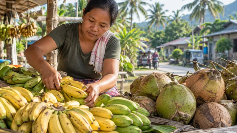 Illustrative photograph of a vendor arranging bananas and coconuts at a rural produce stall