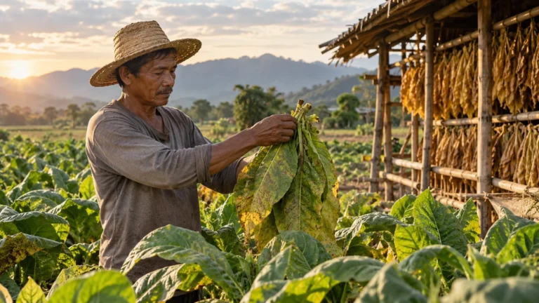 Illustrative photograph of a farmer examining tobacco leaves beside a drying shed