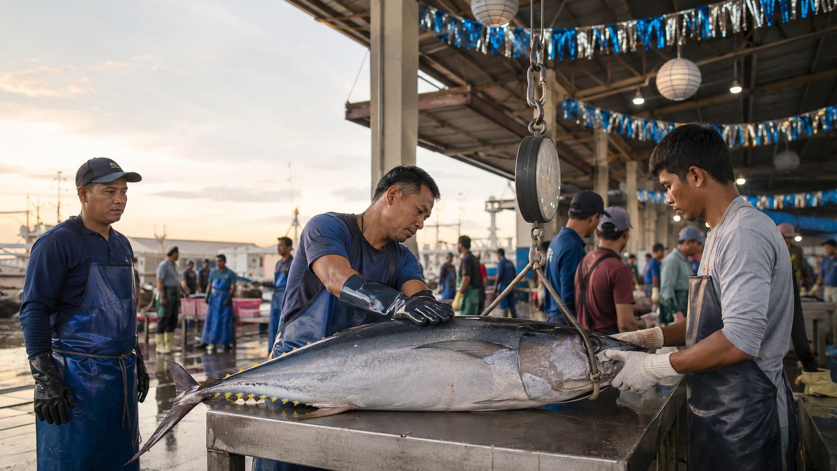 General Santos fish-port workers weighing a yellowfin tuna