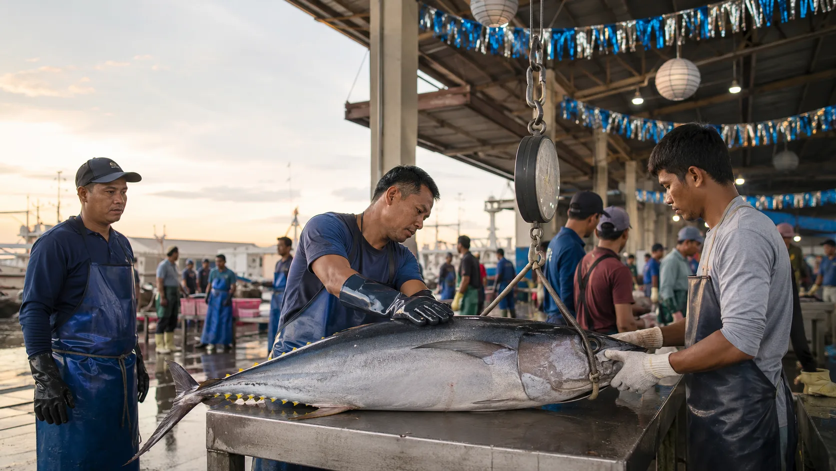 General Santos fish-port workers weighing a yellowfin tuna
