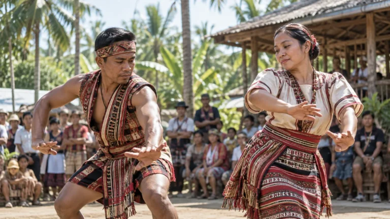 Illustrative photograph of two folk dancers at a rural community gathering in Leyte